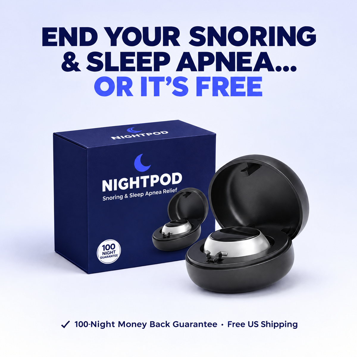 NightPod snoring and sleep apnea device with box